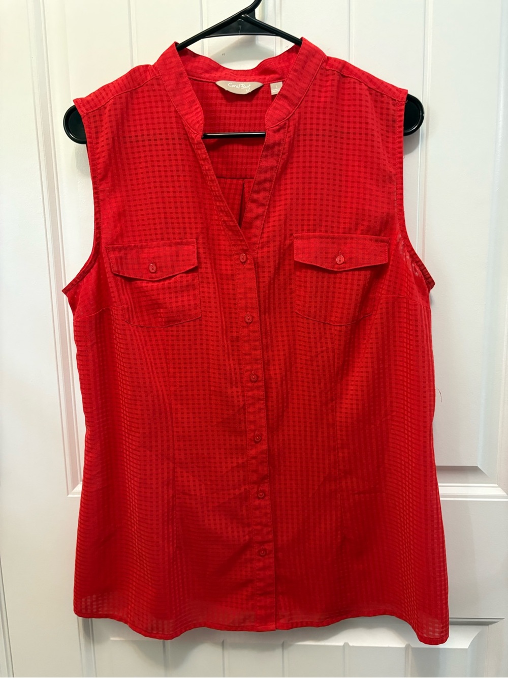 Coral Bay  Red Sleeveless Button-Front sheer checkered Blouse. Size Large.